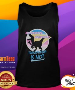 Funny dinosaurs graphic on a tank top with the message 'Dinosaurs Are Cool, Transphobia Is Not' promoting inclusivity.
