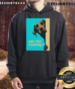Funny dog wearing a hoodie with 'Are You Pooping?' text, showcasing a humorous pet fashion statement.