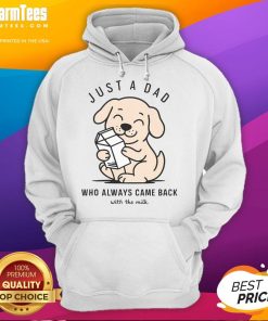 Funny dog wearing a hoodie that says 'Just a Dad Who Always Came Back With The Milk,' perfect for pet lovers.
