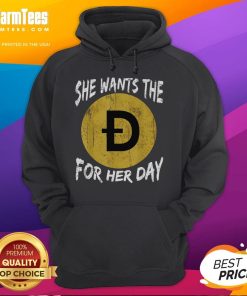 Funny Dogecoin meme hoodie featuring a dog with the text 'She Wants The Doge' for crypto enthusiasts.