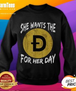 Funny Dogecoin meme sweatshirt featuring 'She Wants The Doge' design, perfect for crypto lovers and meme enthusiasts.