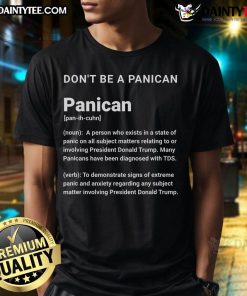 Funny 'Don't Be A Panican' T-shirt design featuring humorous text and graphics, perfect for lighthearted moments.