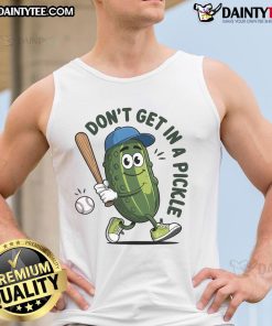 Funny 'Don't Get in a Pickle' baseball tank top featuring a playful design perfect for baseball lovers and summer fun.