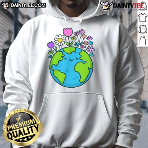 Alt Text: Cute Earth character in a floral hoodie celebrating Funny Earth Day 2025, promoting environmental awareness and joy.