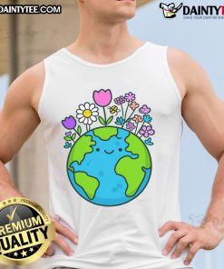 Funny Earth Day 2025: Cute Earth character wearing a floral tank top, celebrating environmental awareness and love.