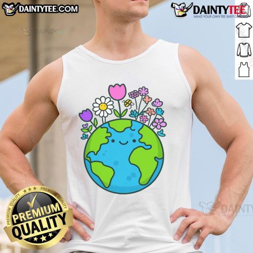 Funny Earth Day 2025: Cute Earth character wearing a floral tank top, celebrating environmental awareness and love.