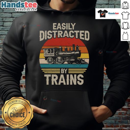 Funny hoodie for train lovers featuring a distracted by trains graphic against a sunset background.