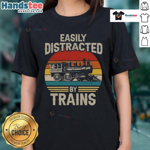 Funny train lover tee featuring a distracted by trains design against a sunset backdrop, perfect for railroad enthusiasts.