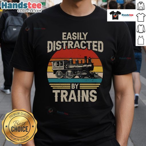 Funny Easily Distracted By Trains T-Shirt for train lovers featuring a railroad sunset design.