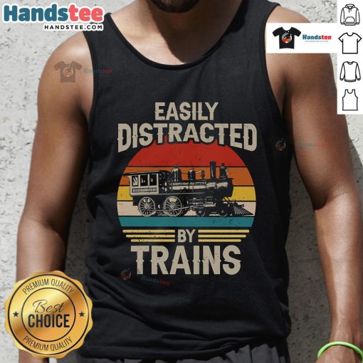 Funny tank top for train lovers featuring a sunset design, perfect for those easily distracted by trains.
