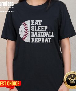 Alt Text: Funny Eat Sleep Baseball Repeat graphic on a ladies tee, featuring a playful baseball player design perfect for fans.