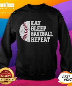 Funny Eat Sleep Baseball Repeat sweatshirt worn by a baseball player, showcasing a playful take on baseball life.