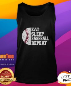 Alt Text: Funny Eat Sleep Baseball Repeat tank top design featuring a cheerful baseball player in action, perfect for fans.