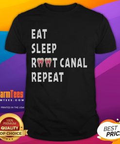 Funny Eat Sleep Root Canal Repeat T-Shirt for dentists and endodontists, showcasing dental humor and profession pride.