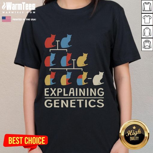 Funny cat teacher explaining genetics in a genomics biology class on a ladies tee shirt design.