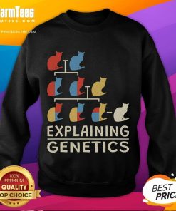 Cat wearing a sweatshirt humorously explaining genetics, perfect for genomics biologists and science educators.