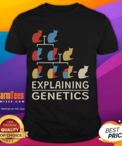 Funny cat teacher graphic on a genetics T-shirt for genomics biologists, humorously explaining genetics concepts.