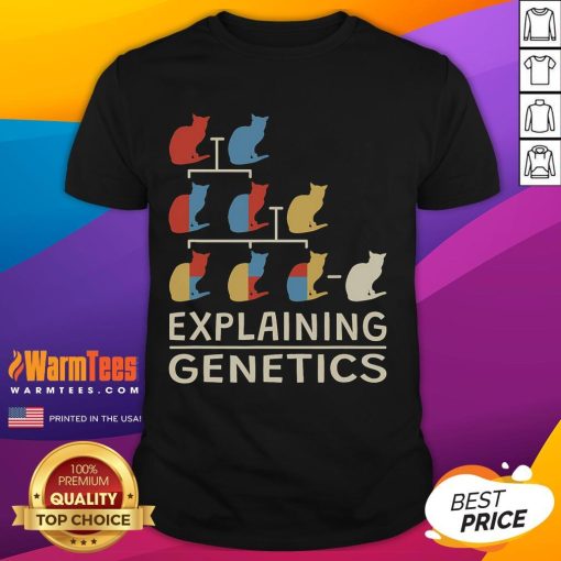 Funny cat teacher graphic on a genetics T-shirt for genomics biologists, humorously explaining genetics concepts.