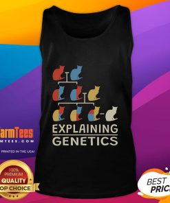 Funny cat teacher in genetics tank top explains genomics concepts with humor, perfect for biology enthusiasts.