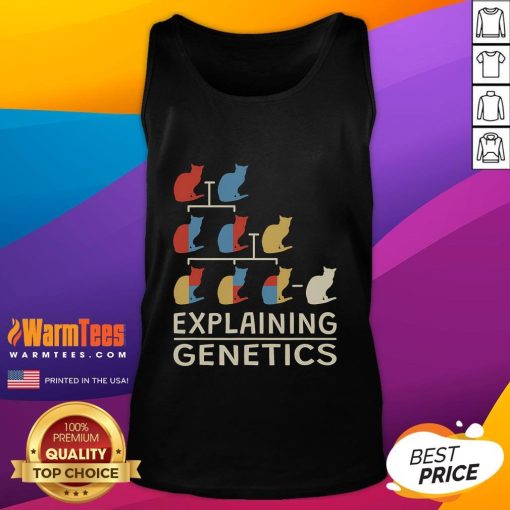 Funny cat teacher in genetics tank top explains genomics concepts with humor, perfect for biology enthusiasts.