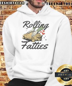 Funny fat cat in a hoodie rolling on the ground, showcasing the Funny Fat Cat Rolling Fatties design.