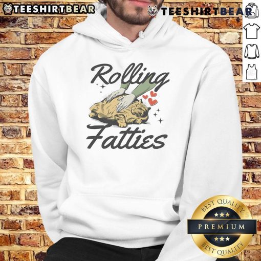 Funny fat cat in a hoodie rolling on the ground, showcasing the Funny Fat Cat Rolling Fatties design.