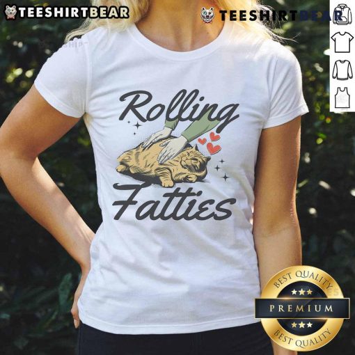Funny fat cat rolling with cat ladies tee design, perfect for cat lovers and humor enthusiasts. Fun and quirky apparel.