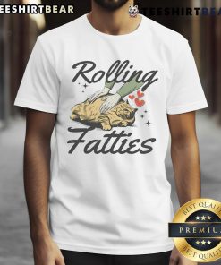Funny fat cat rolling fatties graphic on a playful cat t-shirt, perfect for cat lovers and humor enthusiasts.