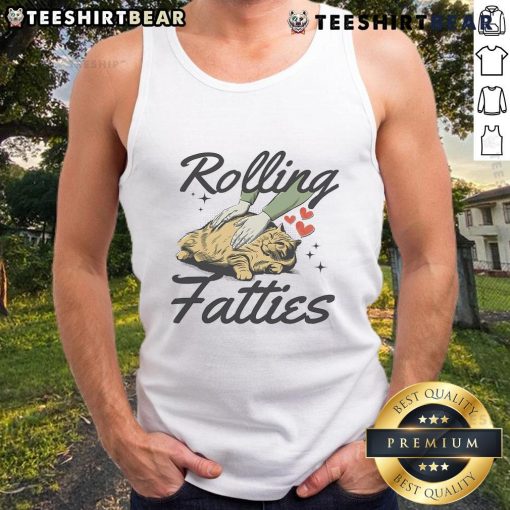 Funny fat cat wearing a tank top, joyfully rolling on its back, showcasing its playful personality and charm.