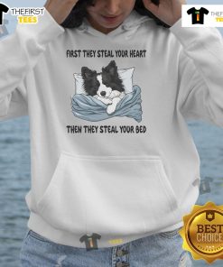 Adorable dog in a hoodie with 'First they steal your heart, then your bed' text, showcasing pet humor and cuteness.