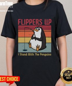 Vintage ladies tee featuring 'I Stand With The Penguins' and funny flippers graphic, perfect for penguin lovers.