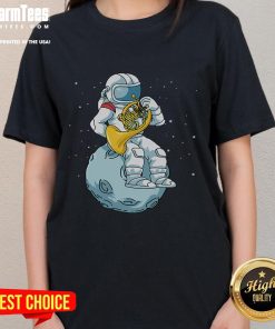 Funny French horn astronaut graphic on a ladies tee, celebrating brass music with a playful design.