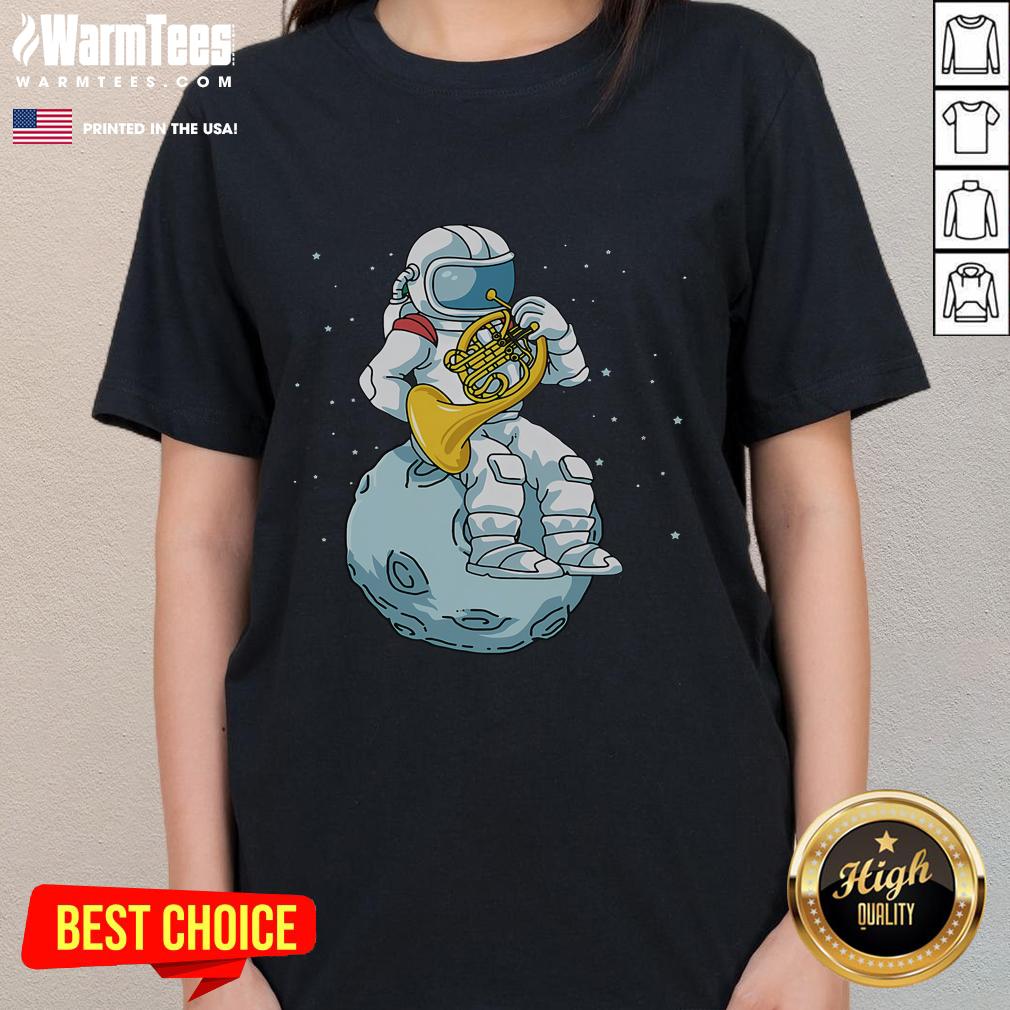 Funny French Horn Astronaut French Horn Brass Music Ladies Tee Funny French horn astronaut graphic on a ladies tee, celebrating brass music with a playful design.