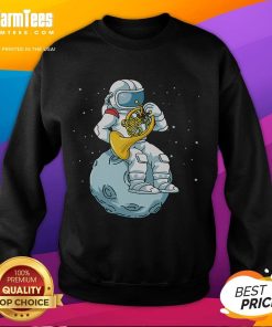 Funny French Horn astronaut design on a sweatshirt, perfect for brass music lovers and space enthusiasts.