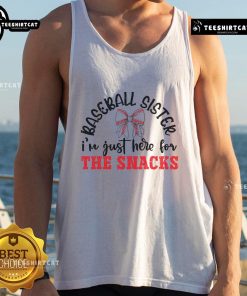 Alt Text: Funny Game Day baseball tank top featuring the phrase I'm Just Here for the Snacks, perfect for sports fans.