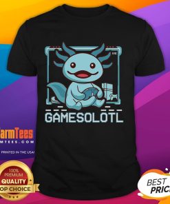 Alt Text: Funny Gamesalotl Boy Axolotl Video Gamer wearing a gaming T-shirt, showcasing a playful design for gamers.