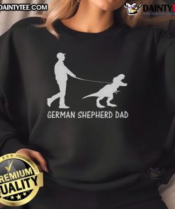 Funny German Shepherd Dad wearing a dinosaur-themed sweatshirt for Father's Day, perfect for GSD owners.