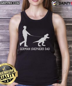 Funny German Shepherd Dad dinosaur tank top for GSD owners celebrating Father's Day with humor and style.