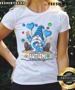 Funny gnome graphic on a tee promoting autism awareness for ladies, featuring bright colors and a playful design.