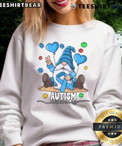 Funny gnome design on an Autism Awareness sweatshirt, promoting inclusion and acceptance in a playful style.