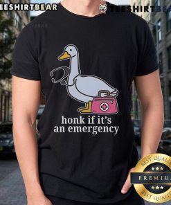 Alt Text: Funny Goose Nurse T-Shirt with 'Honk If It's An Emergency' slogan, featuring a cartoon goose in nurse attire.