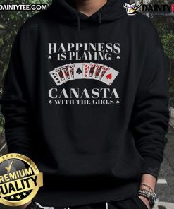 Group of friends enjoying a fun game of Canasta while wearing a 'Happiness Is Playing Canasta' hoodie.