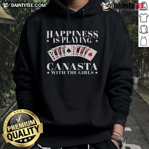 Group of friends enjoying a fun game of Canasta while wearing a 'Happiness Is Playing Canasta' hoodie.