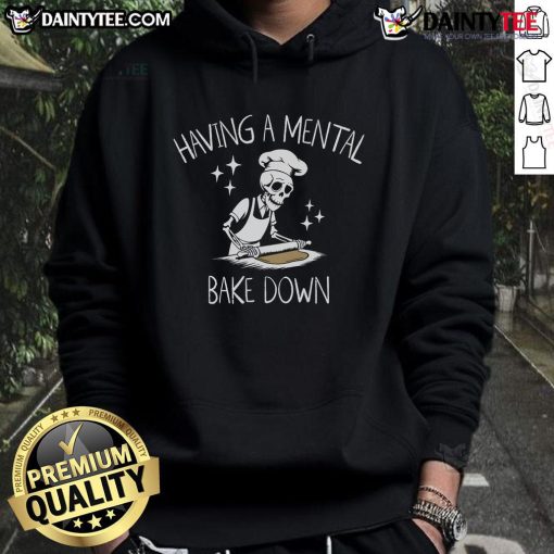Funny skeleton baker in a hoodie, humorously having a mental breakdown while baking, perfect for Halloween or chef enthusiasts.