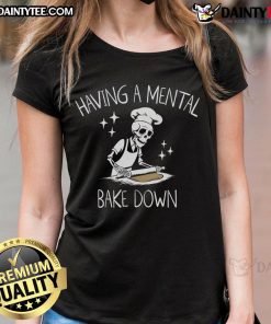 Funny skeleton baker chef having a mental breakdown, perfect for bake ladies tee - quirky Halloween humor design.