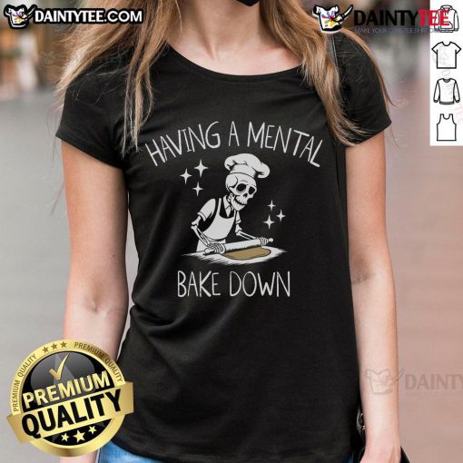 Funny skeleton baker chef having a mental breakdown, perfect for bake ladies tee - quirky Halloween humor design.