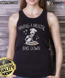 Funny skeleton baker chef in a tank top enjoying a mental breakdown while baking, perfect for Halloween humor.