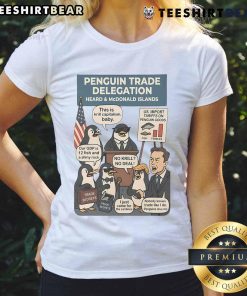 Funny Heard Island penguins graphic on a ladies tee, humorously protesting against tariffs, perfect for casual wear.