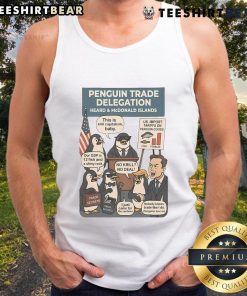 Funny Heard Island penguins on a tank top design, showcasing humor against tariffs with vibrant graphics.