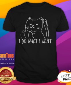 Funny 'I Do What I Want' cat flipping the bird on an offensive T-shirt design, perfect for humor lovers.